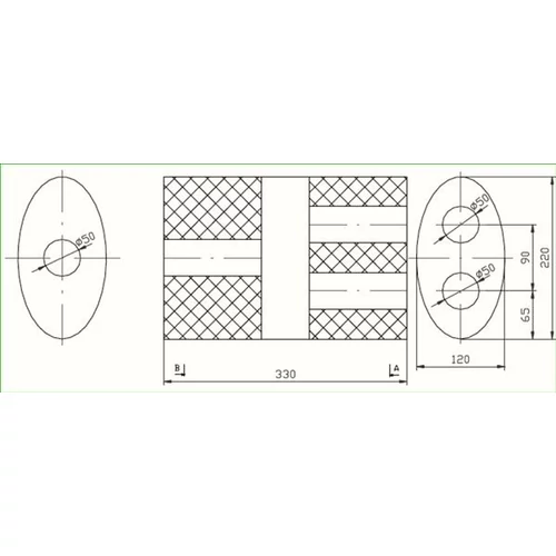 Polmo univerzális kipufogódob, Ø50mm, 330x220x120mm, 1be közép kettő ki