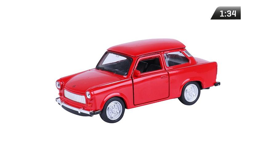 Makett autó, 01:34, PRL 601 Trabant, piros.